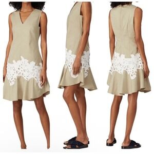 Derek Lam Khaki White Lace Eyelet Sleeveless V‎ Neck Midi Dress S Brunch Derby